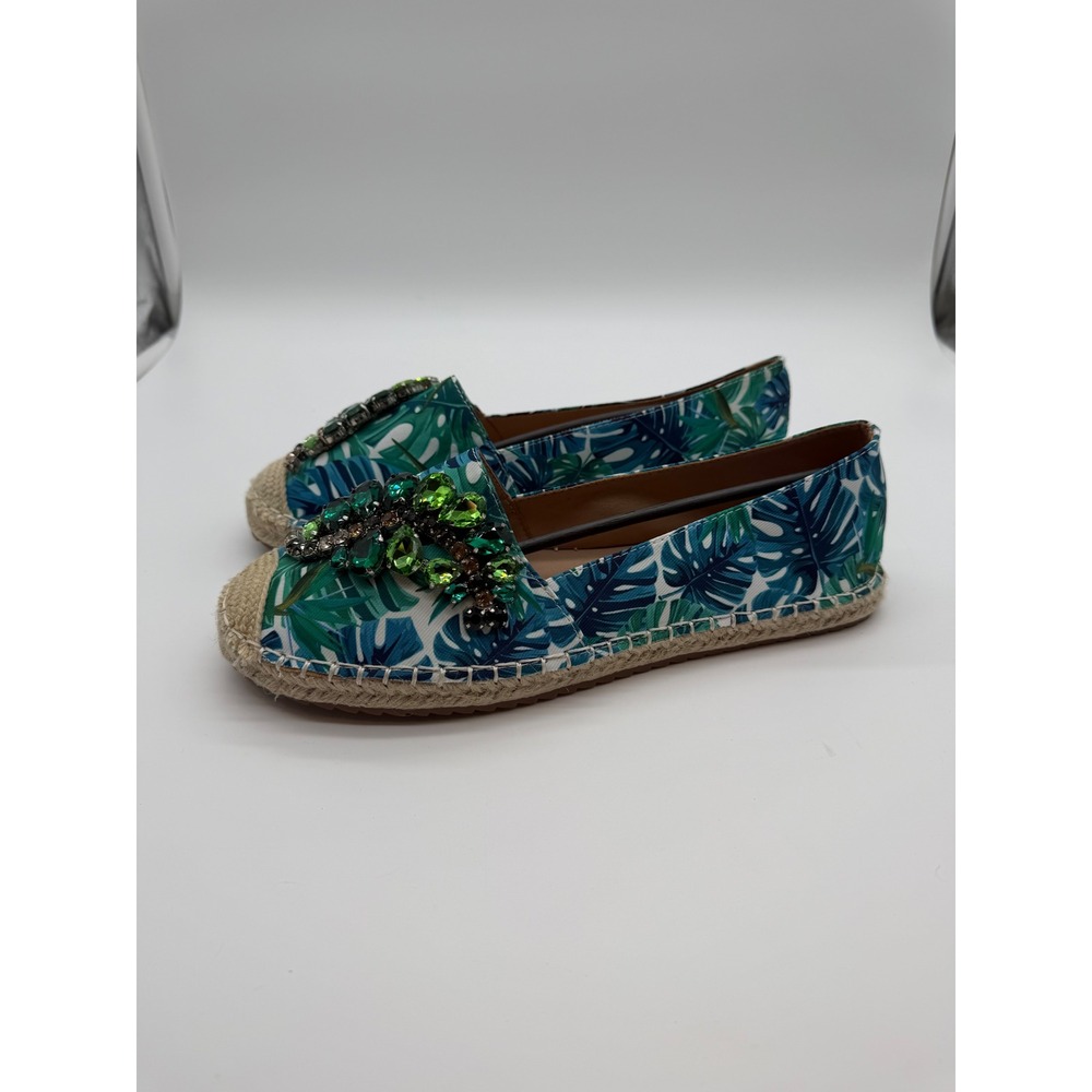 Lauren Lorraine Tropical Palm Print Gemstone Espadrille Flats Green Blue 8.5